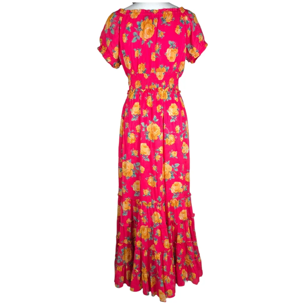 NEW Betsey Johnson Reddish Pink Color with Yellow Rose Print Maxi Dress size L - Picture 3 of 14